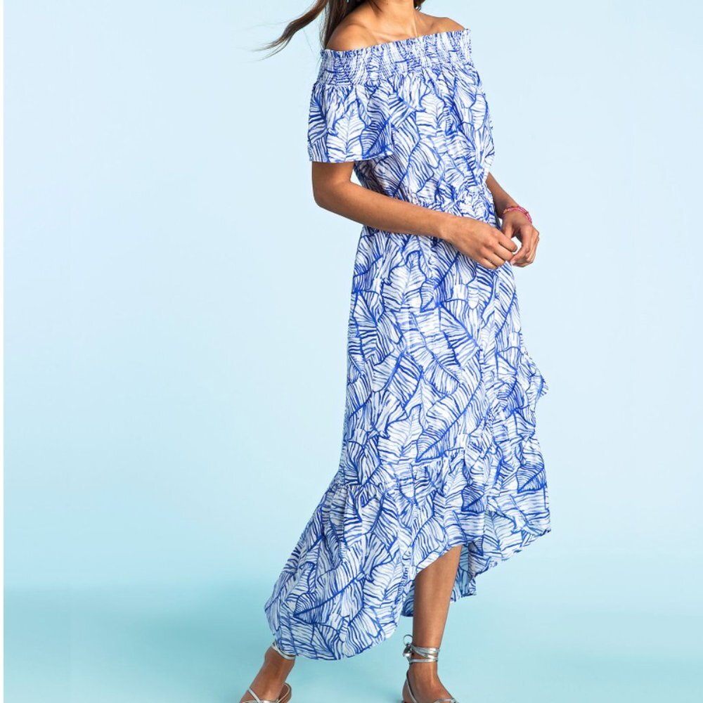 Vineyard Vines blue white banana leaf print off the shoulder dress sz 2 $188